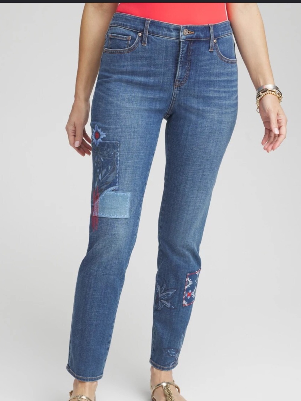 Chico’s So Slimming Girlfriend patchwork ankle jeans size 12 embroidered